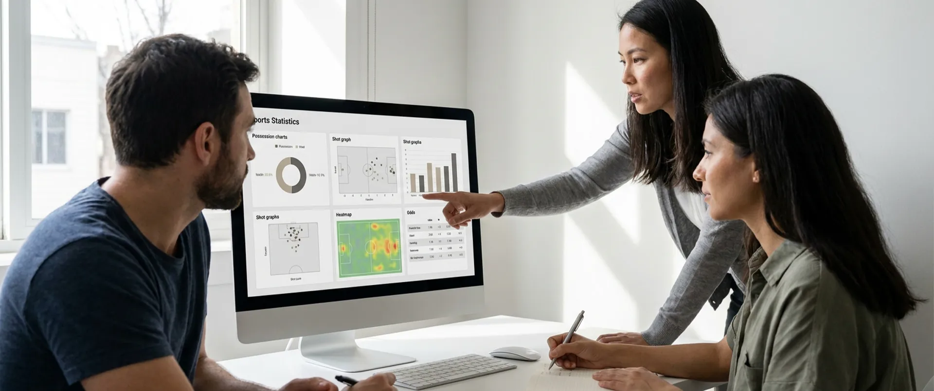 Équipe devant un écran de statistiques sportives
